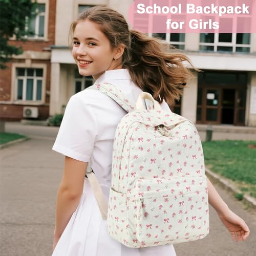 Image of BTOOP School Backpack for Girls Teens Large Corduroy Bookbag Lightweight 15.6 inch Laptop Bag for Women Casual High School College (Pink Bow Floral)