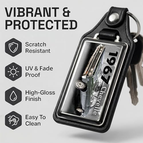 Image of Brotherhood 1967 Compatible with Chevelle SS Red White Blue Design Faux Leather Key Chain Key Ring - Key Chains for Women and Key Chains Men for Classic Retro Cars