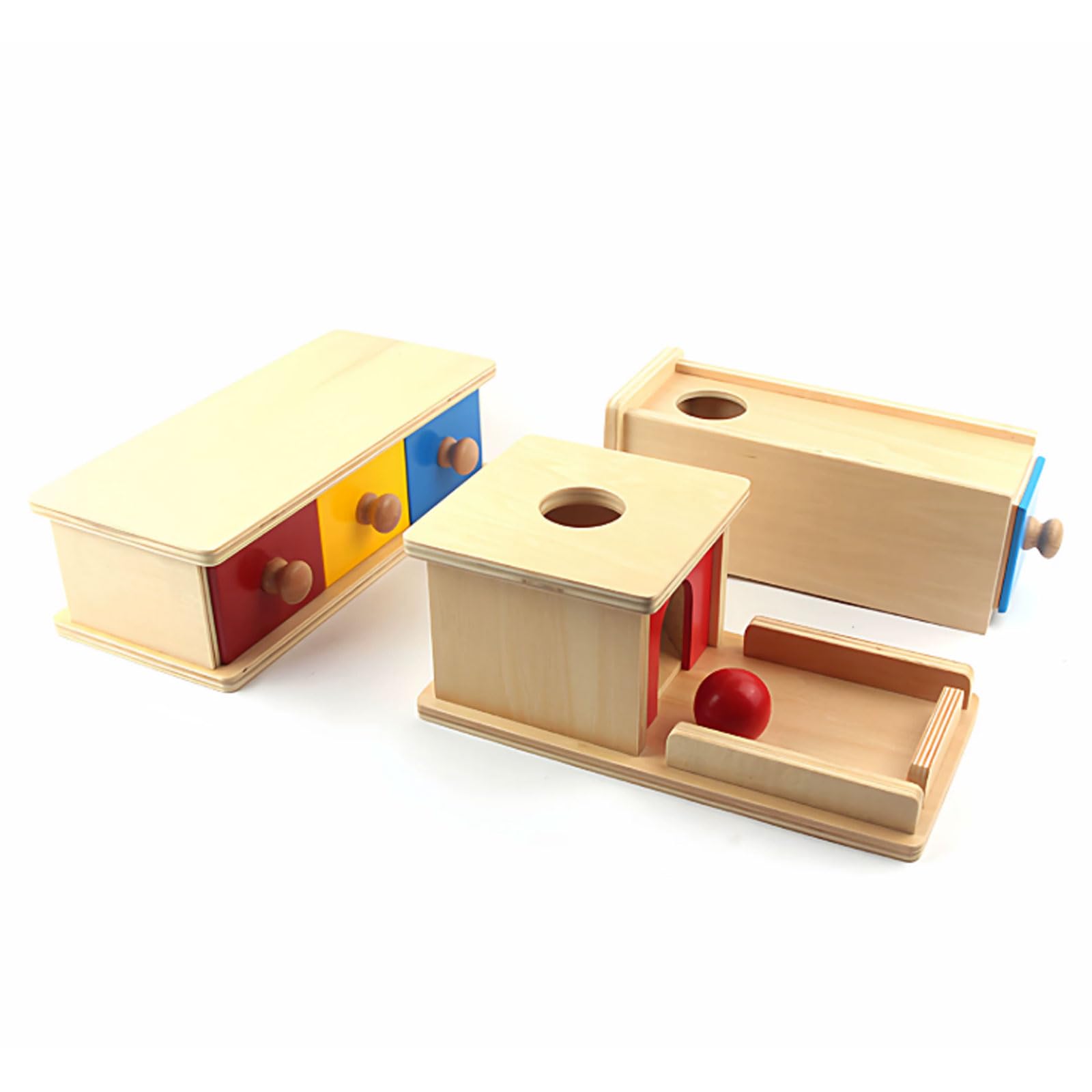 Montessori-Objektpermanenz-Box-Set, Spielzeug aus Holz mit Ballabwurf und Schublade, 3er-Set Imbucare-Box,B