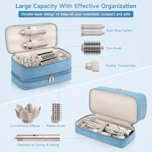 Image of Travel Hair Dryer Case for Shark Flexstyle, Double-Layer Carrying Case for Shark Flex Style Blow Dryer, Portable Hair Tools Storage Organizer Bag for Shark Beauty Hairdryer Attchments (Misty Blue)