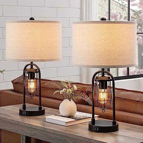 KAWOTI Set of 2 Farmhouse Table Lamps with USB Ports and Night Light Modern Nightstand Lamp Set of 2 for Living Room Bedroom（Bulbs Included）