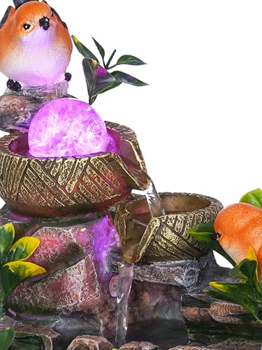 Image of Polyresin Orange Birds Tabletop 3 Steps Indoor Water Fountain for Home Decor with LED, Speed Controller Pump & Crystal Ball (Size: 26 x 17 x 31 CM |Colour: Multi|Weight: 1770 Gram)