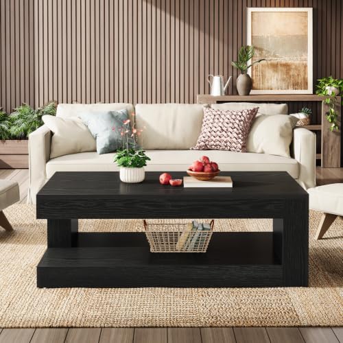 Image of Tribesigns Coffee Table for Living Room, 47.24 Inch Farmhouse 2-Tier Accent Center Tea Cocktail Table with Storage, Rectangle, Black