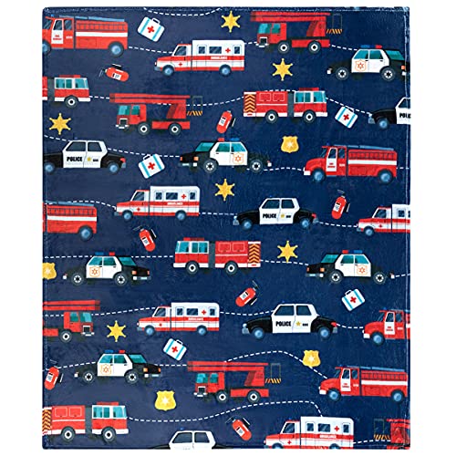 Image of Police and Firetruck Throw Blanket, Adorable Super-Soft Extra-Large Police Cars Ambulance Firetruck Blanket for Toddler Boys, Kids, and Children, Boys Fleece Blanket (50in x 60in) Warm Fluffy and Cozy