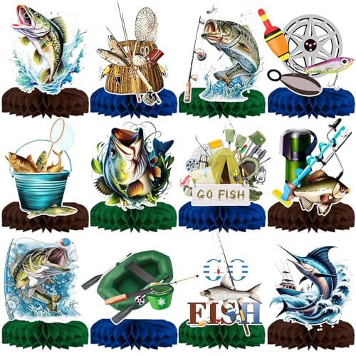 12Pcs Fishing Centerpieces, Fishing Table Decorations, Fishing Birthday Party Decorations, Gone Fishing Party Decorations, Fish Party Decorations for Table Boys Girls Baby Shower