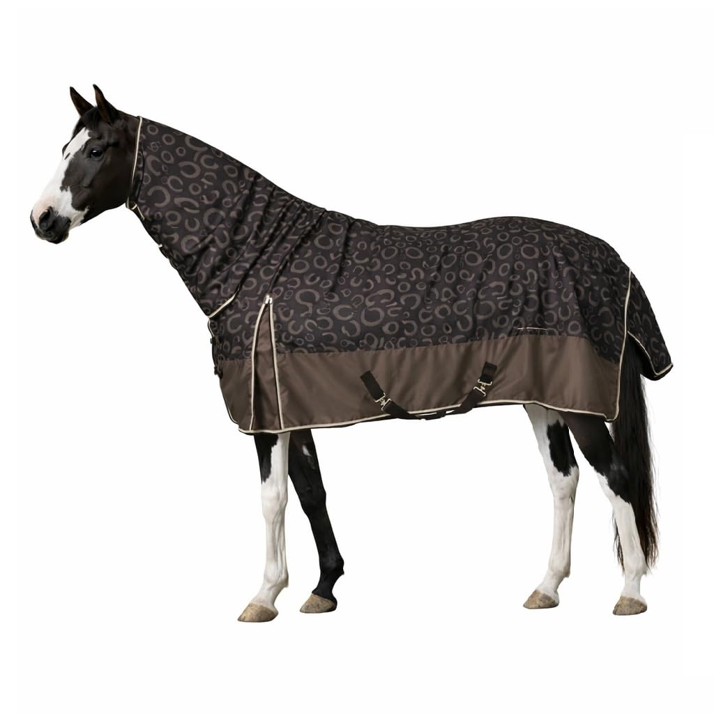 netproshop Leichte wasserdichte Regendecke mit Halsteil 0g atmungsaktiv mit Hufeisen-Print Größe 125-165 cm, Groesse:125, Farbe:Braun