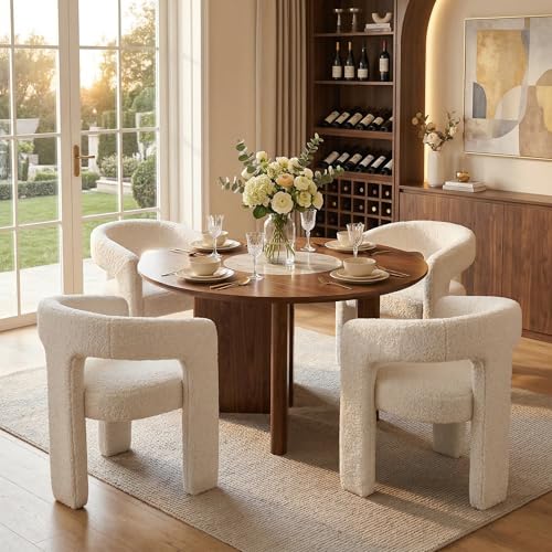 Image of HNY Modern Barrel Kitchen & Dining Room Chairs Set of 4, Sherpa Upholstered Accent Chairs with Arm, 18.5'' Wide Side Armchairs Vanity Chairs for Living Room Bedroom Makeup Small Spaces, White