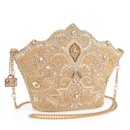 Mary Frances Golden Rule Beaded Crown-Shaped Crossbody Handbag with Crystal Embellishments Royal-Inspired Evening Clutch Bag, Gold