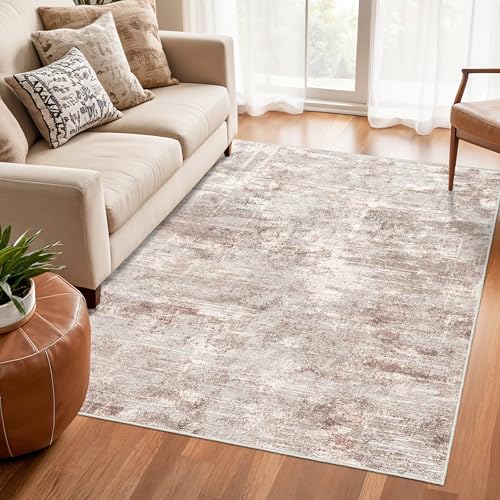 RUUGME Washable Abstract Rug 4X6:Living Room Large Vintage Area Rug Soft Indoor Low Pile Carpet for Bedroom, Dining Room Non-Slip Backing Distressed Floor Decor Machine Washable Mat 4X6 Brown