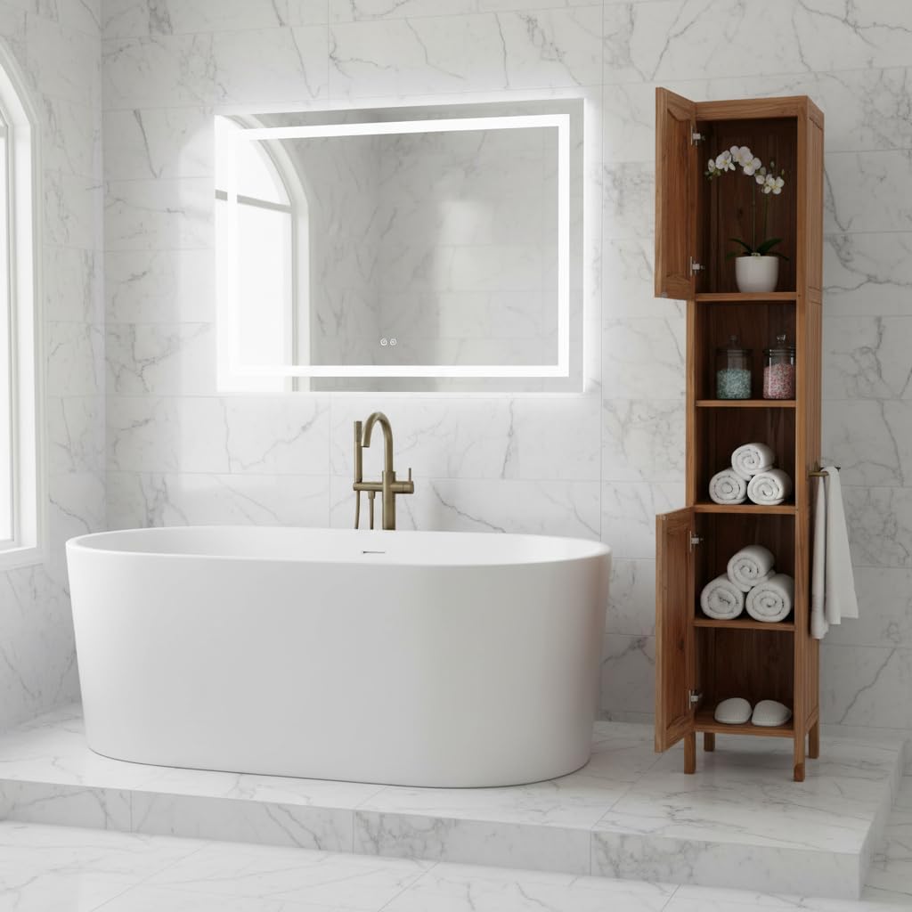 EcoDecors Curvature Free Standing Linen Closet, with Soft Close Doors, Arives Fully Assembled in Natural Color