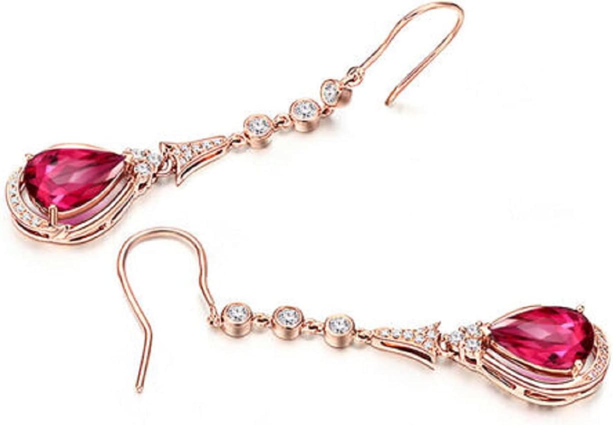 Pear Cut & Round Cut Ruby & Cubic Zirconia 14k Rose Gold Plated 925 Sterling Silver Drop & Dangle Earrings For Womens.