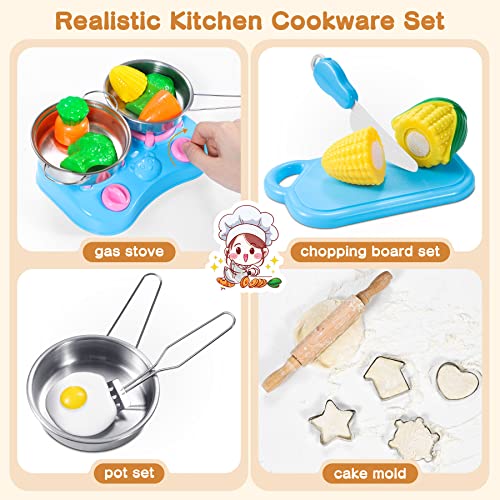 lenbest Kinderküche Zubehör - Spielküche Zubehör Holz Edelstahl Pfannenset | Lebensmittel | Schürze Kinder - Matschküche… – Bild 4