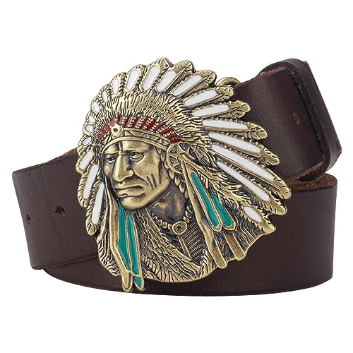 Mens Belt Leather, Cowboy Western Belts for Men, with 3D Native American Head Pattern Buckle Vintage Embossed Belt