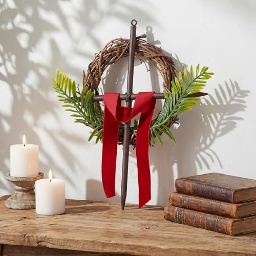 Dingion Easter Mini Crown of Thorns Nail Cross Wreath Decor Catholic Red Velvet Ribbon Palm Leaf 7in Christian Cross Christian Grapevine Thorns Crown for Easter Holy Week Church Home Decorations
