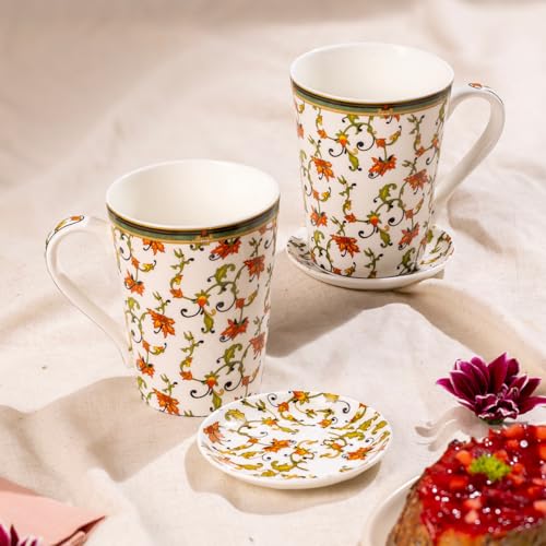 Image of GOLDEN QUEEN'S Mugs & Coaster Set of 2 for Coffee, Tea, Milk - Ideal for Your Daily Beverage Ritual, Hosting & Casual Gatherings | 300ML | Micorwave Safe - Chinar Bloom
