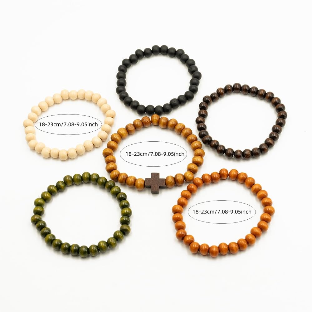 Zestaw 6 bransoletek z koralików drewnianych Stack, Cross Bangle - Bransoletki z koralików dla kobiet i mężczyzn, 8 mm okrągłe, elastyczne bransoletki z koralików, unisex, do jogi