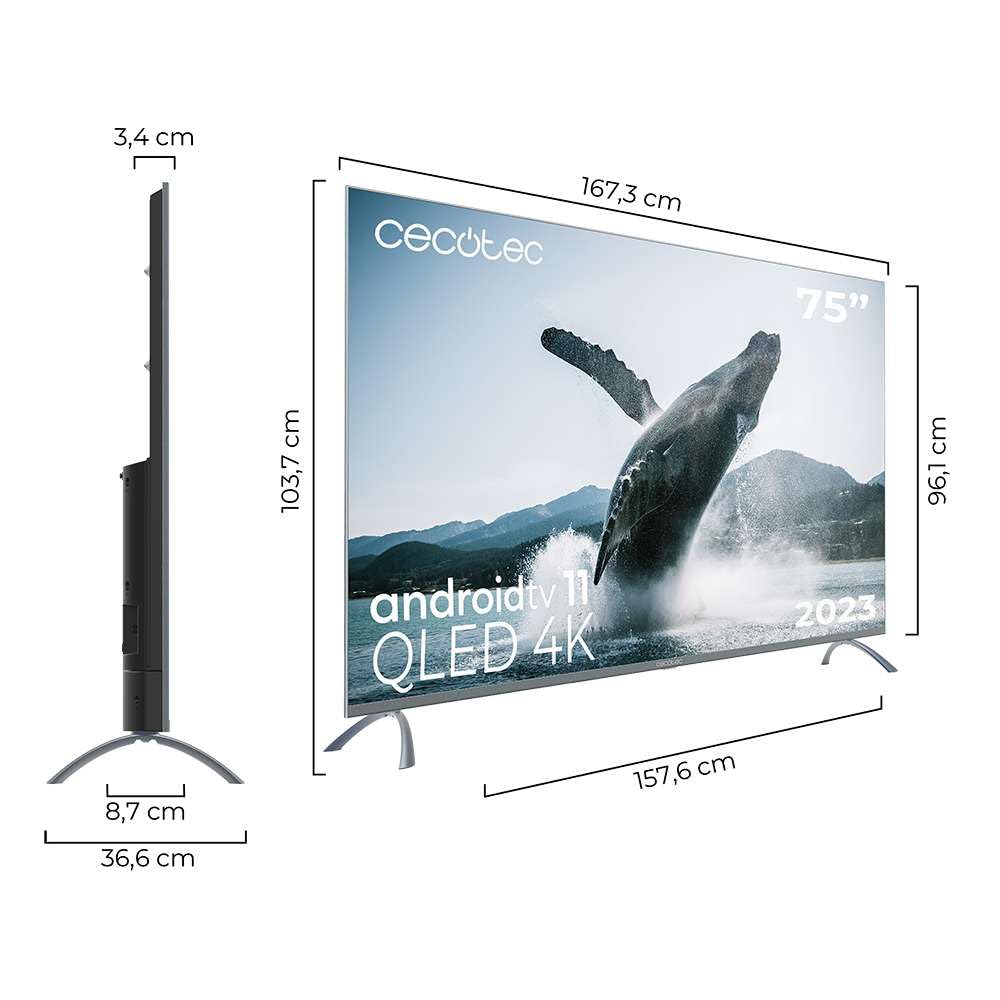 Cecotec TV QLED 75" - Televisore Smart TV V3+ Series VQU30075+S, 4K UHD, Android TV11, Senza Cornice, Assistente Google e Chromecast, Dolby Vision & Atmos, HDR10, HBBTV, 2023