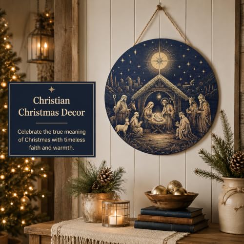 Image of Christmas Decorations - Jesus Nativity Scene Wooden Sign for Front Door