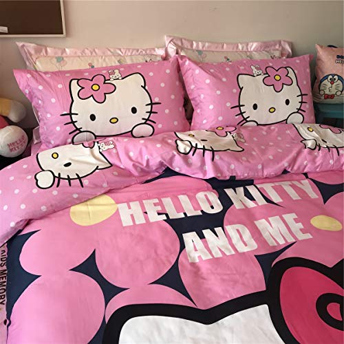 Cenarious Pink Girl Hello Kitty Cat Anime Cartoon Style Duvet Cover Set Cotton Flat Sheet Bed Cover - 4Pcs Bedding Set - Queen Flat Sheet Set - 86"X94" - 220X240Cm #TOP3