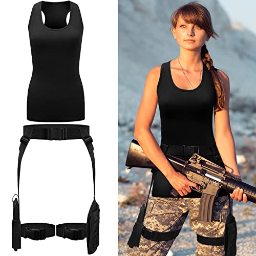 2 Pcs Halloween Thigh Holsters Costume For Women Leg Gun Holster Drop Adjustable Universal Pistol Leg Thigh Holster Pouch Holder With Magazine Pouches And Basic Racerback Crop Tank Tops (Black) #TOP4