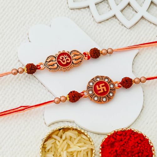 Image of eCraftIndia Unisex Adult Set Of 2 Peacock Feather And Floral Designer Rakhis For Brothers With Roli Chawal