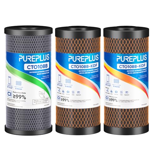 PUREPLUS 3-Pack Whole House Water Filter Set – Includes 1 x CTO10BB Carbon Block Filter and 2 x CTO10BB-KDF Carbon + KDF Heavy Metal Filters, Fits 10