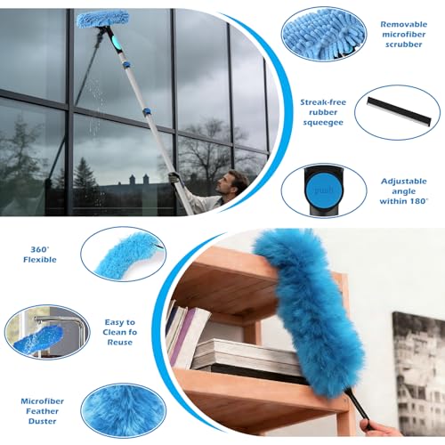 25FT Reach High Ceiling Duster Kits with 5-20FT Adjustable Pole - Includes Extra Long Duster, High Ceiling Duster, Rotatable Window Squeegee & Cobweb Duster for Ceiling Fans and Whole House Cleaning by Veebuyla - Used condition - Image 7