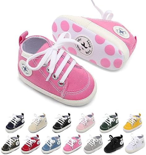 Baby Girls Boys Shoes Soft Anti-Slip Sole Newborn First Walkers Star High Top Canvas Denim Unisex Infant Sneaker (A01-Pink, 6-12 Months)