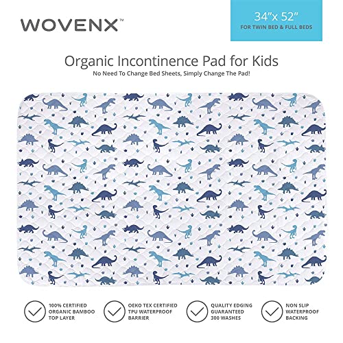 Wovenx Organic Incontinence Pads For Kids & Toddlers - 5 Layer Waterproof Protectors For Overnight Bed Wetting - Reusable & Washable Pee Pads - Fits Twin To Full Size Beds - 34" X 52" Blue Dinosaurs #TOP4