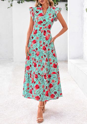 Image of PRETTYGARDEN Women's 2026 Summer Floral Midi Dress Cap Sleeve V Neck Ruffle Long Flowy Boho Casual Beach Vacation Dresses