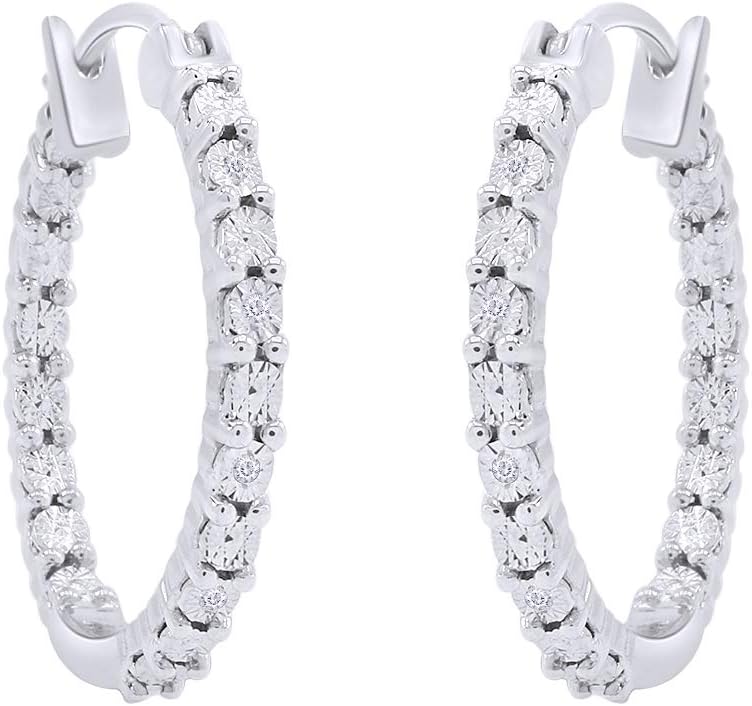 Inside Outside Miracle Plate Natural Diamond Accent Hoop Huggies Earrings in 14k Gold Plated 925 Sterling Silver For Women (0.03 Cttw, I-J Color, I2-I3 Clarity)