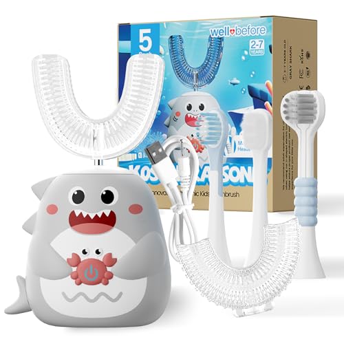 Well Before Kids U Shaped Electric Toothbrush with 5 Brush Heads Ultrasonic 5 Modes IPX7 Waterproof Design (Shark Grey Ages 2-7)