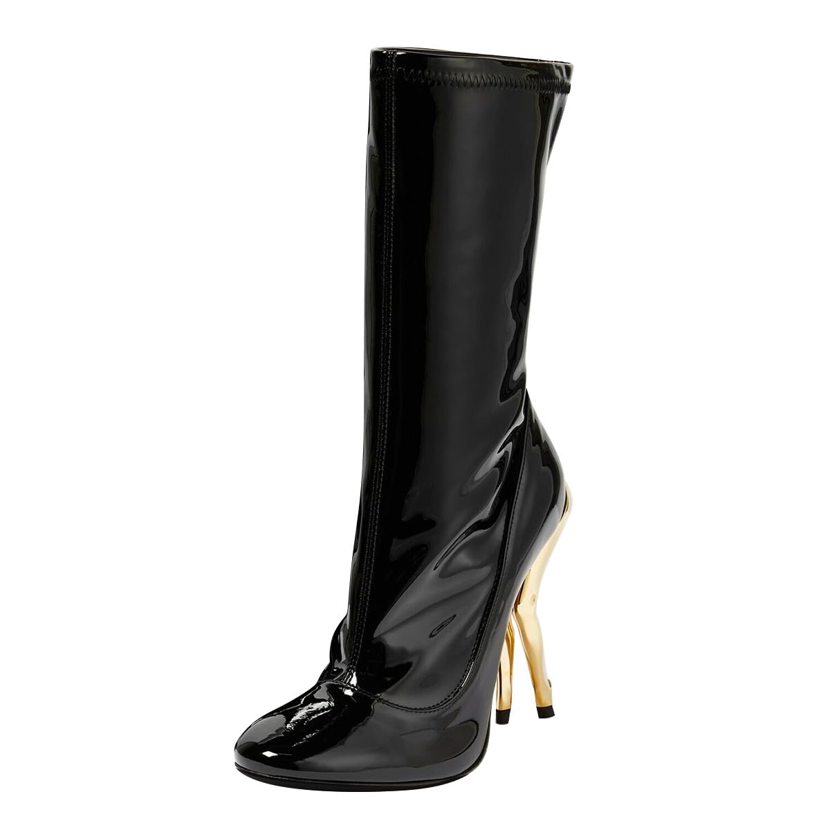 FSJ Women Round Toe High Heel Boots Glossy Leather Mid Calf Booties Stretch Gold Sculptural Heel Fashion Club