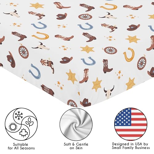Image of Sweet Jojo Designs Fitted Baby Crib Sheets (Boho Western Cowboy) for Boys, Infant Nursery, Toddler Room - Standard Size (Blue, Bohemian Vintage Wild West, Cow Boy Boots Southern Charm, Longhorn Skull)