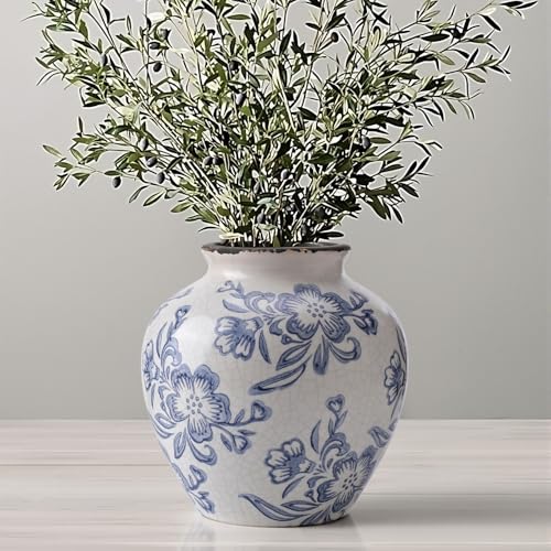 Ceramic Flower Vase Home Decor 6.2 inch Farmhouse Rustic Vintage Decorative Vases Pottery Terracotta Boho Flowers Vases for Dining Table Living Room Shelf Kitchen Bedroom (6.2-Blue and White)