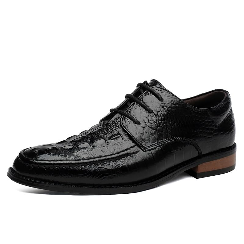 HOOENG Dress Shoes for Men Lace Up Round Burnished Toe Genuine Leather Crocodile Print Derby Shoes Anti-Slip Slip Resistant Block Heel Classic(Color:Black,Size:11)2