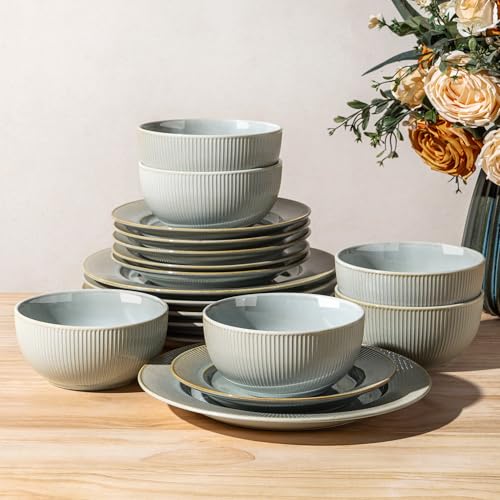 Image of TheTerra Stoneware Dinnerware Sets for 6, 18 Pieces Ceramic Lightweight Plates and Bowls Sets, Scratch Resistant Embossed Dish Set, Oven, Microwave & Dishwasher Safe, Stone Sage