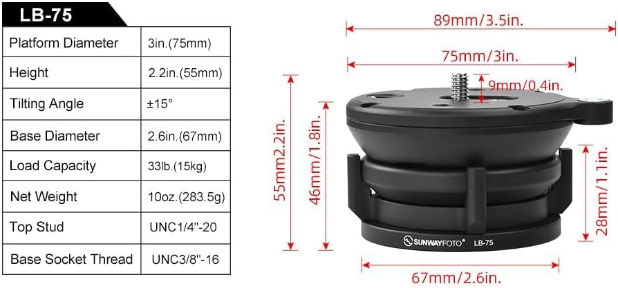 Sunwayfoto Black LB-75 75mm Low Profile Leveling Base for Tripod w Butterfly Lock Collar +/-15° Tilt