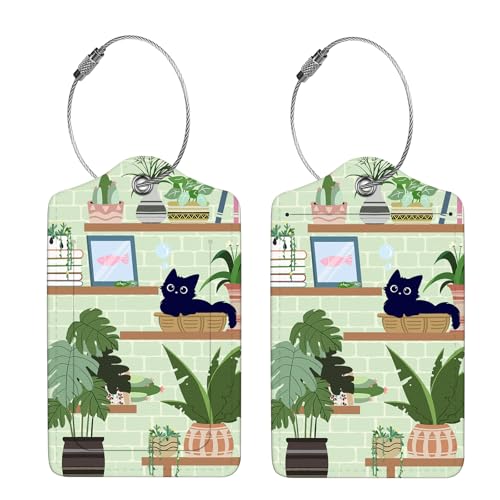 2 Pcs Luggage Tags for Suitcase, Cute Unique PU Leather Travel Bag Tag with Privacy Cover ID Label Address Card and Durable Metal Ring Suitable for Men Women Children Backpack,Cat On The Shelf4