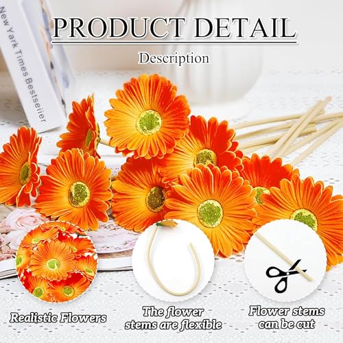 Image of CURATED CART Gerbera Daisy Flowers - Pack of 5 Orange Faux Blooms, 30cm Tall | Real Touch PU Petals with Bendable Green Stems | Artificial Flower Bouquet for Home, Kitchen, Office (Orange) (No Vase)
