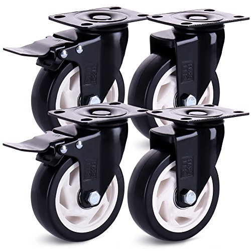 H&S 4 Castor Wheels Heavy Duty 600KG 100mm PU Rubber Swivel Trolley Furniture Caster with Brakes Black