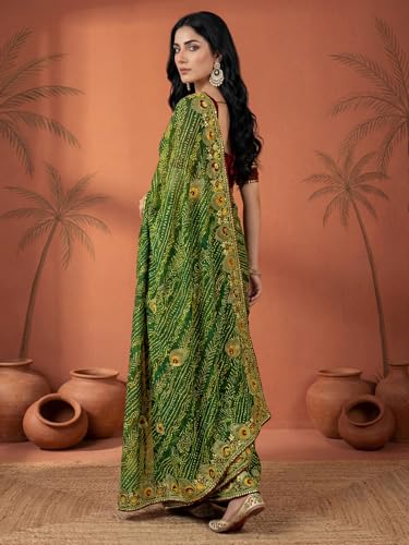 Image of SIRIL Women's Bandhani Printed Embroidery Georgette Saree with Unstitched Blouse Piece