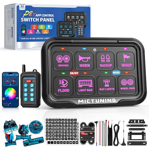 MICTUNING P8Y 8 Gang Switch Panel, Bluetooth RGB APP&RF Remote Control 230FT 433MHZ Long Range, IP67 Waterproof Auxiliary Backlit Off Toggle Pulsed Momentary Strobe Circuit Control System Box for Car