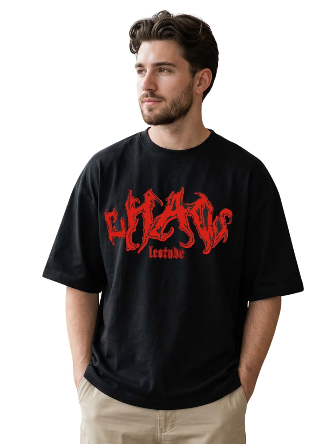 leotude Men's Oversized Half Sleeve Round Neck Drop Shoulder Baggy Fit Printed Streetwear T-Shirt for Men (Color Black)-picture-50
