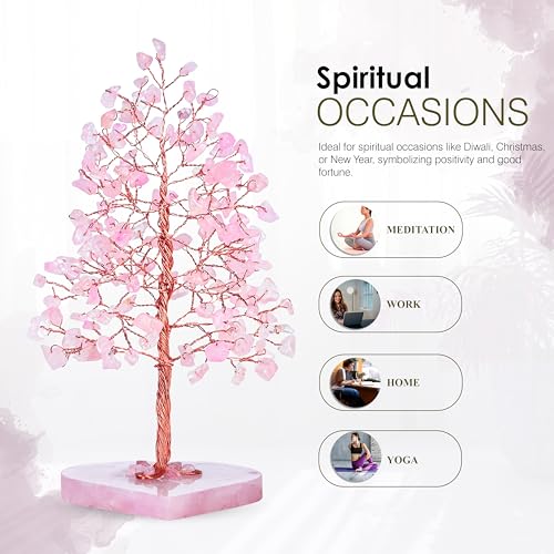 Image of Crocon Crystal Heart Base Tree of Life Gift for Women, Rose Quartz 7-8 inch | Healing Crystals Tree Brings Positive Energy, Good Luck, Money, Feng Shui Home & Office Desk Decor, for Mom & Wife Present