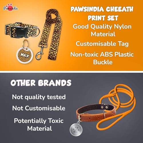 Image of Pawsindia Leash and Collar with Name Tag for Dogs, Cheetah Print with 1.5 Inches Width Adjustable Collar and 4 Feet Heavy Duty Leash with Customize Nametag