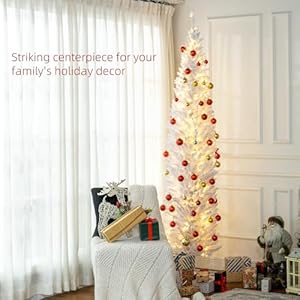 HOMCOM 8 Tall Pre Lit Slim Noble Fir Artificial Christmas Tree with 300 Warm White LED Lights and 618 Tips for Christmas Decoration White