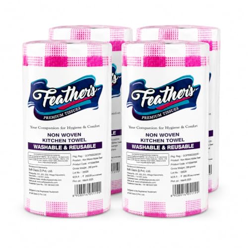 Image of Feather's Smartchoice Reusable Kitchen Towel Roll | 80 sheets per roll | Washable Non Woven Tissue, Clean wet surface, dishes, appliance, etc | Wash, Re-use and Repeat (Pack of 4)