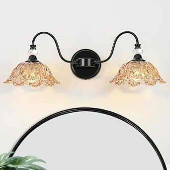 Vintage Modern 2-Heads Wall Sconces with Floral Glass Shades Wall Mount Lighting for Bathroom, Bathroom Vanity Light Fixtures Black Corridor DecorateC