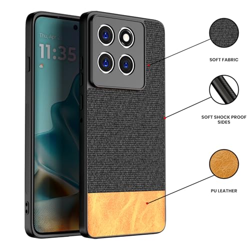 Image of Kapa Soft Fabric & Leather Hybrid Protective Back Cover for Moto Edge 60 / Edge 60 Fusion | Shockproof Slim Hard Anti Slip Back Case (Black,Brown)